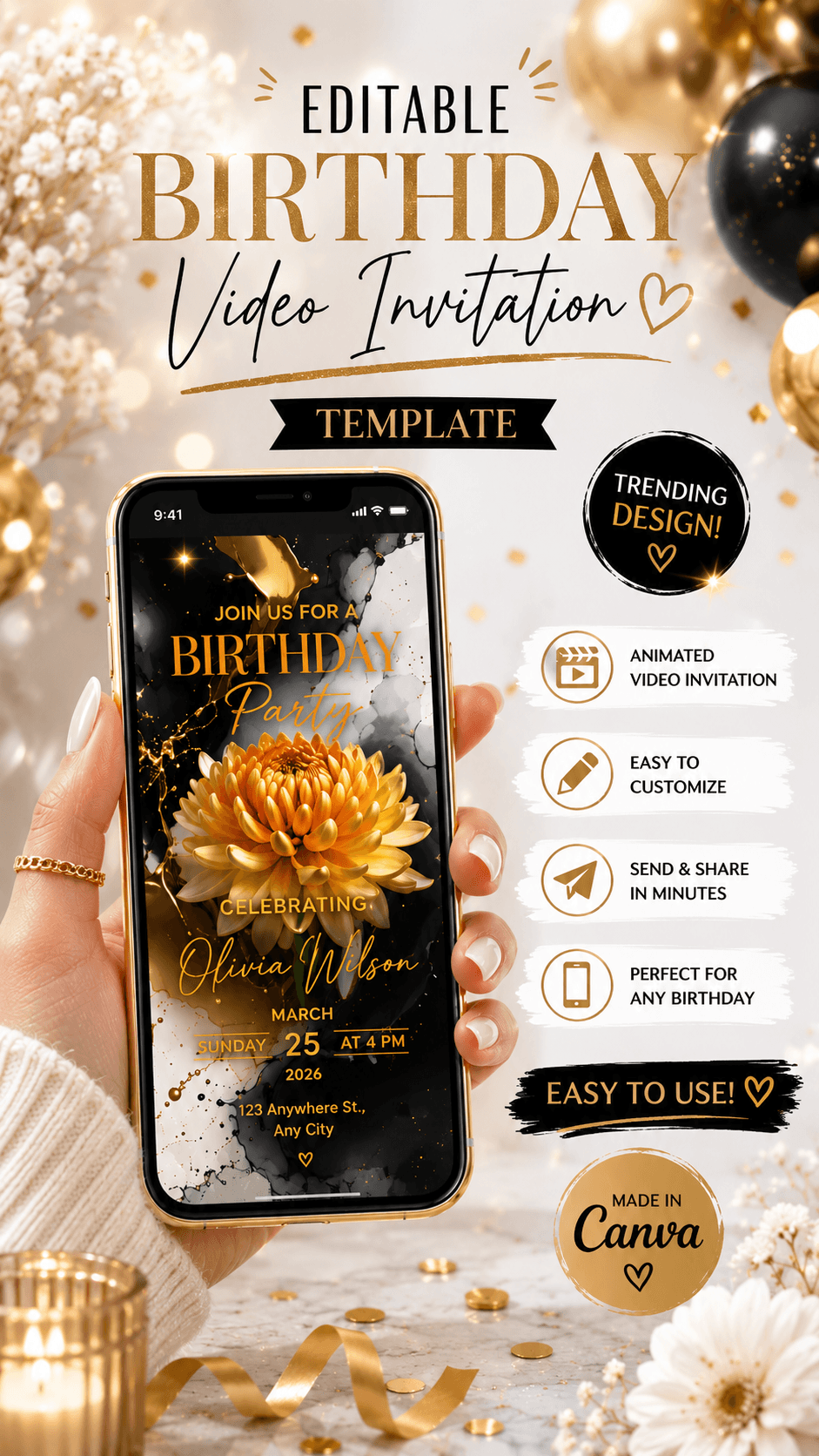Editable Birthday Video Invitation Template Golden Floral Invite on a smartphone with gold and white floral design.