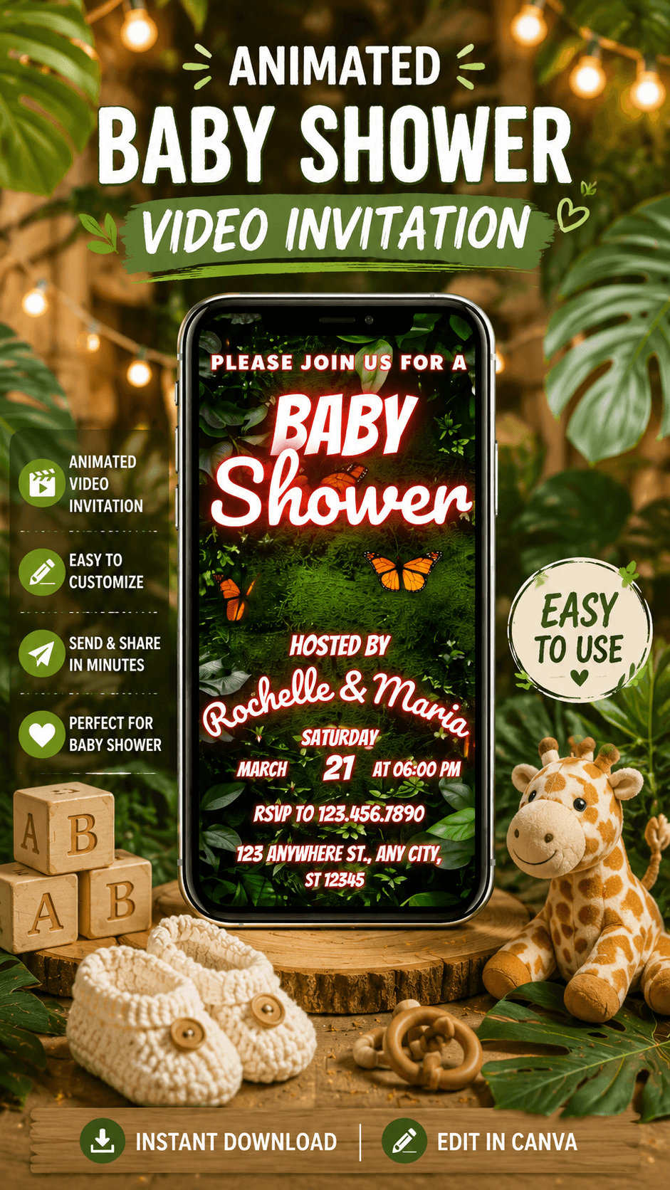 Baby Shower Video Invitation Jungle Theme with animated elements and lush jungle design details.