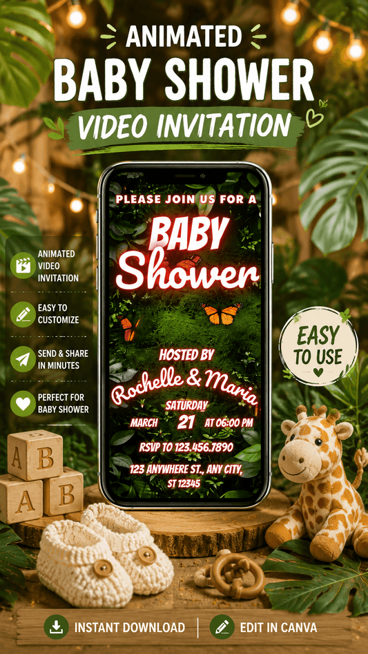 Baby Shower Video Invitation Jungle Theme with animated elements and lush jungle design details.