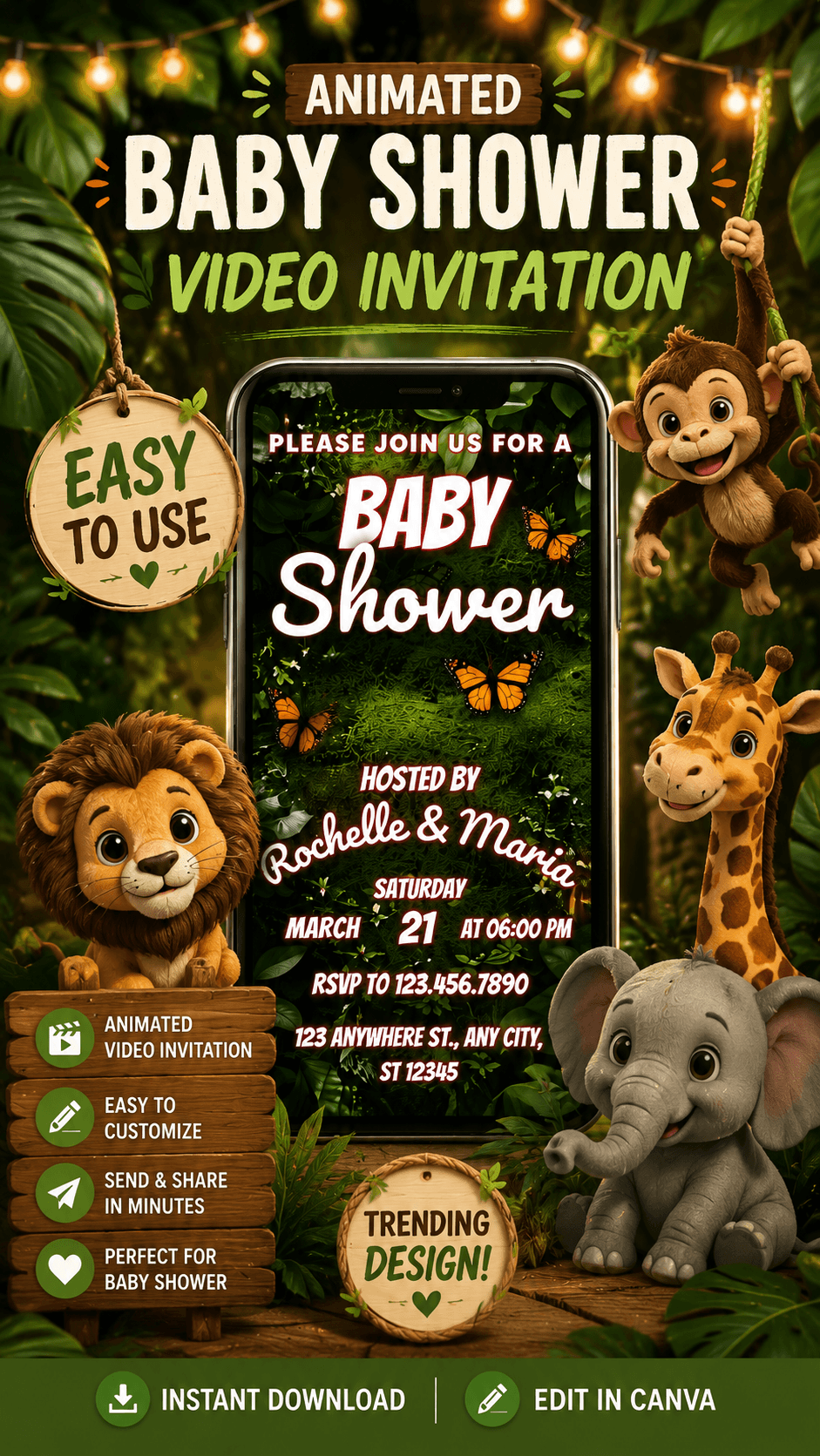 Animated Baby Shower Video Invitation Jungle Theme featuring vibrant jungle animals and lush greenery.