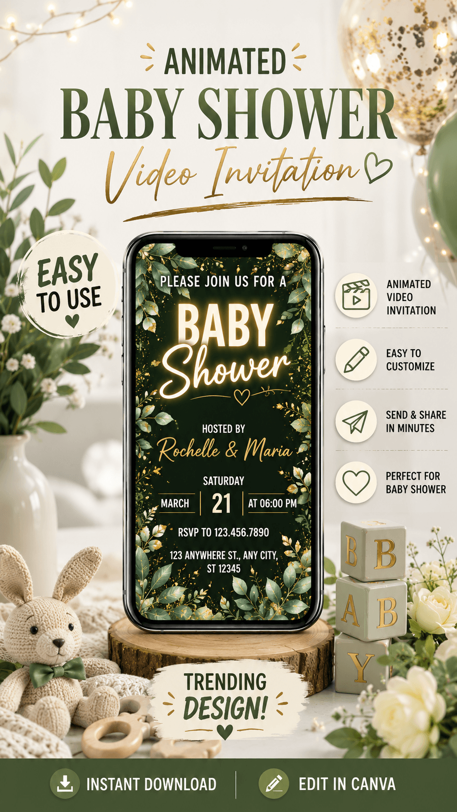 Baby Shower Video Invitation Jungle Theme with lush greenery and animated design on mobile phone.