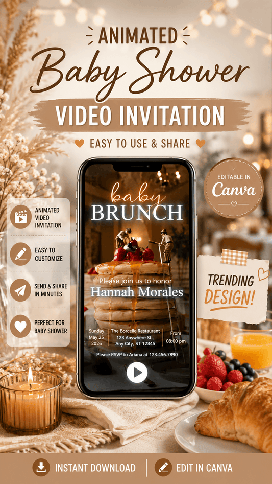 Baby Shower Video Invitation Dreamy Canva Editable template with elegant design for baby brunch.