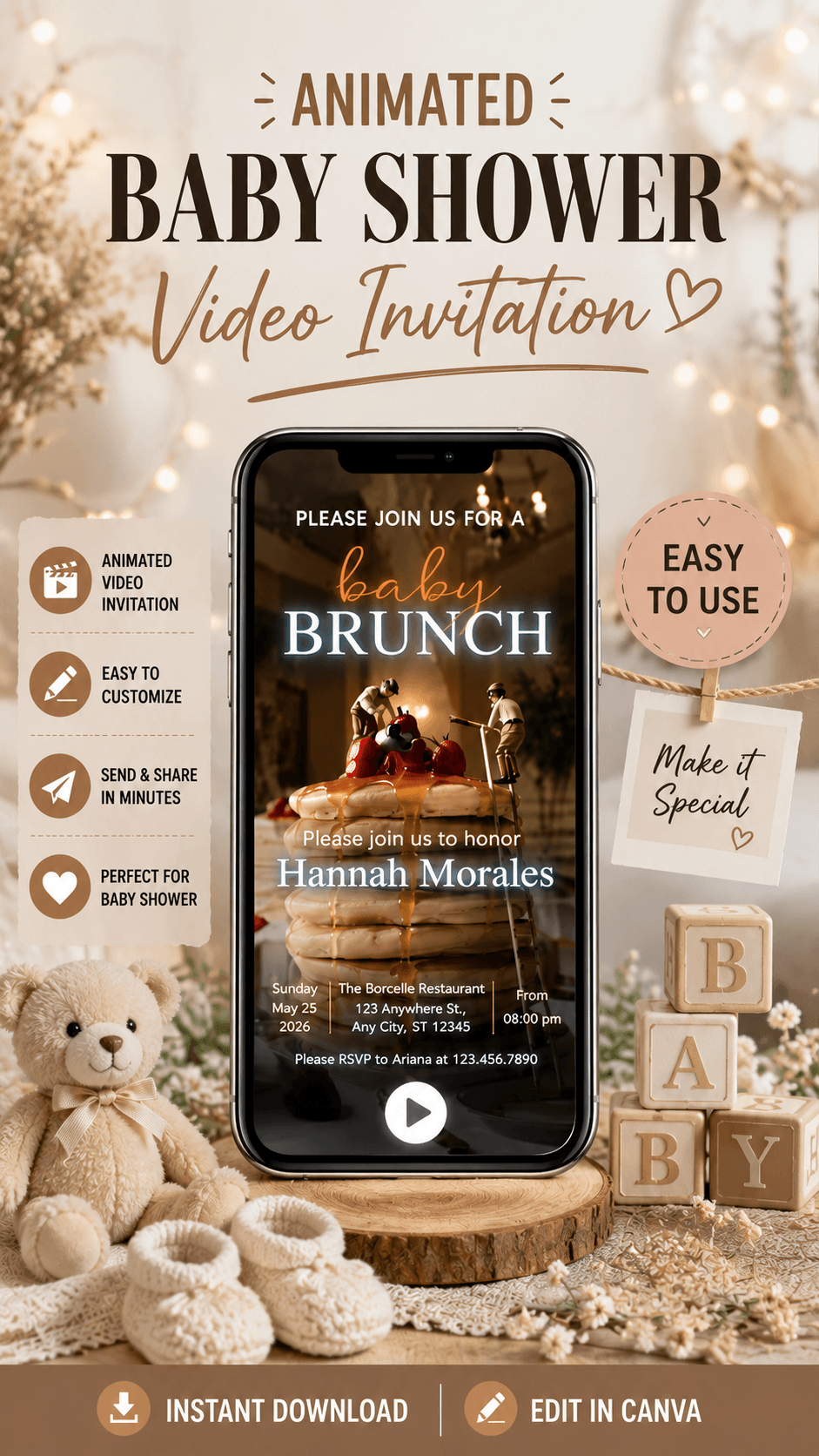 Baby Shower Video Invitation Dreamy Canva Editable template featuring a mobile phone preview with soft animations.