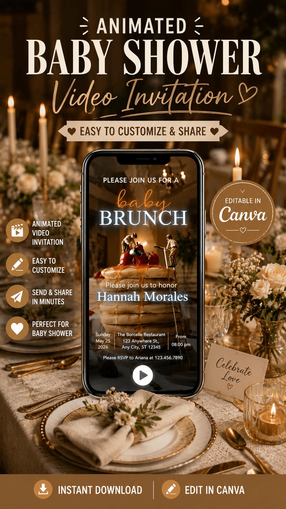 Baby Shower Video Invitation Dreamy Canva Editable template featuring elegant design and customizable animations.