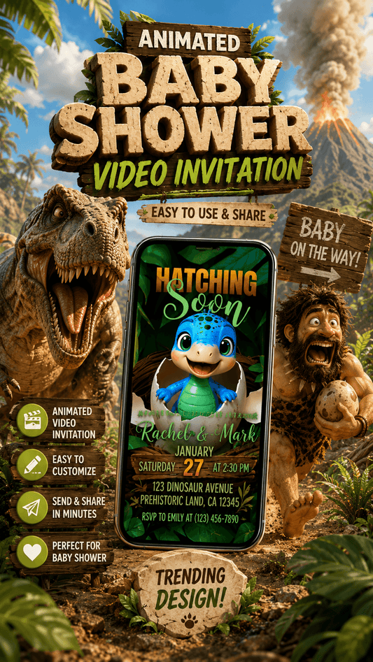 Baby Shower Invitation Video – Dinosaur Invite Canva showcasing a vibrant animated video invite with playful dinosaur theme.