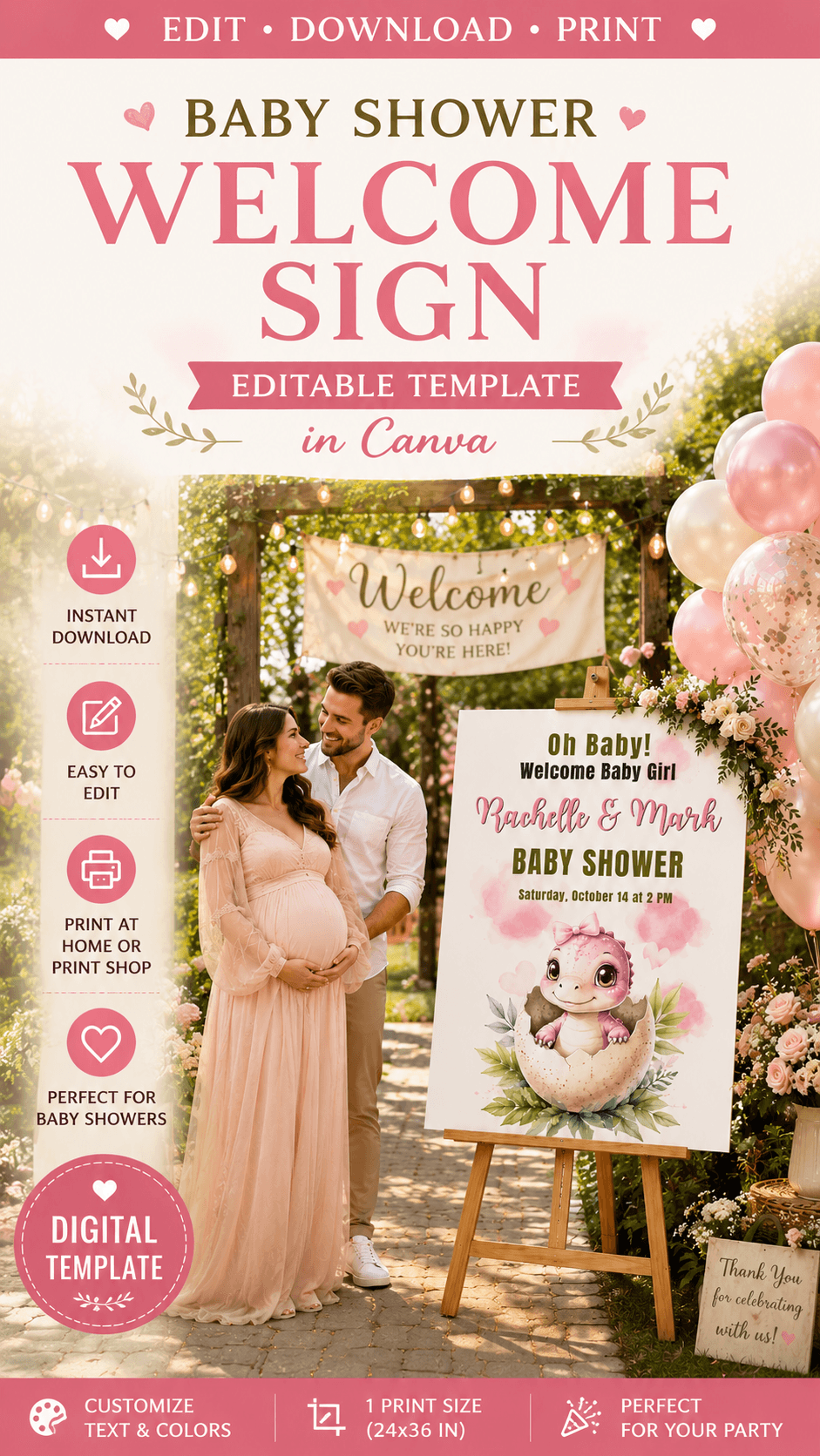 Girl Baby Shower Welcome Sign Editable Pink Dinosaur Baby Shower with couple celebrating at baby shower venue.