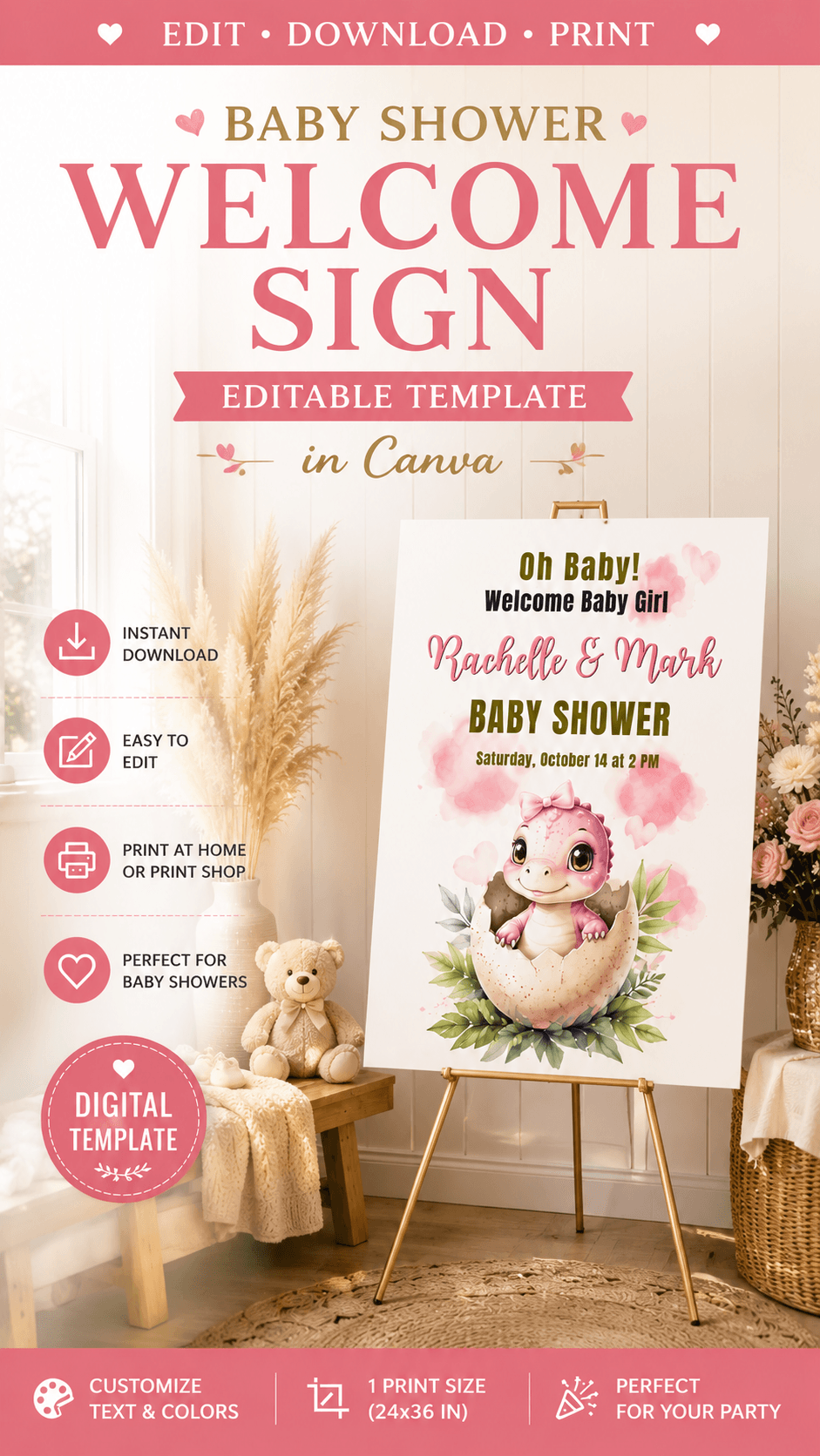 Girl Baby Shower Welcome Sign Editable Pink Dinosaur Baby Shower template for printable baby shower decoration.