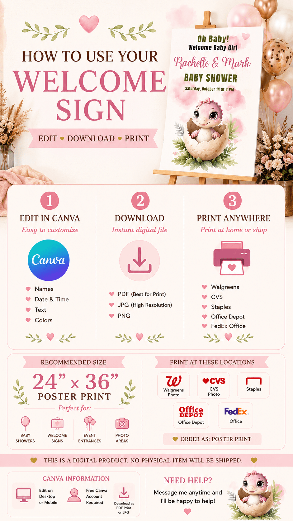 Girl Baby Shower Welcome Sign Editable Pink Dinosaur Baby Shower instructions for customizing a welcome sign.