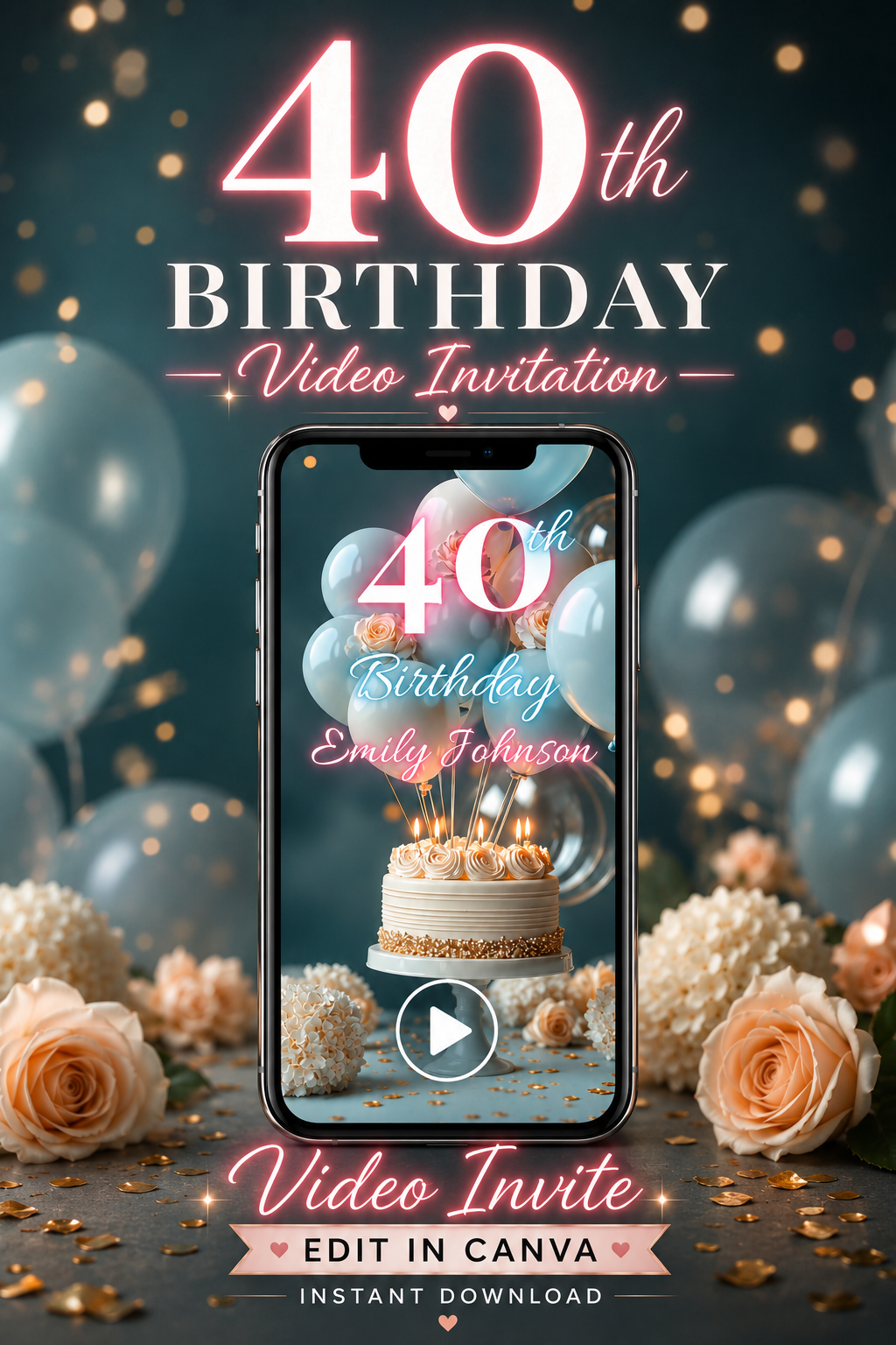 Animated digital 40th birthday video invitation for a party, elegant style