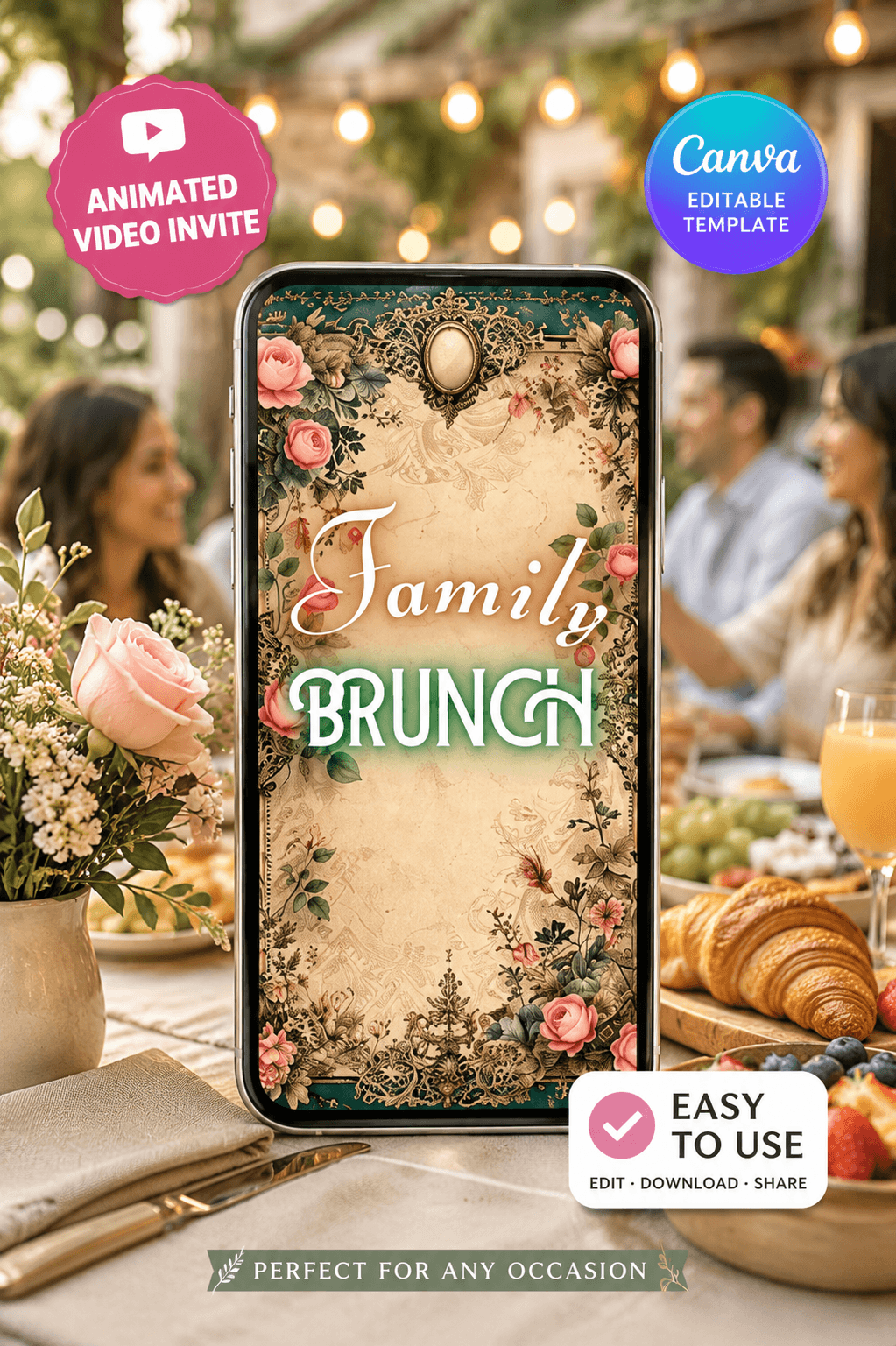 Brunch Invitation Template Vintage Family Video Invite, Editable Canva