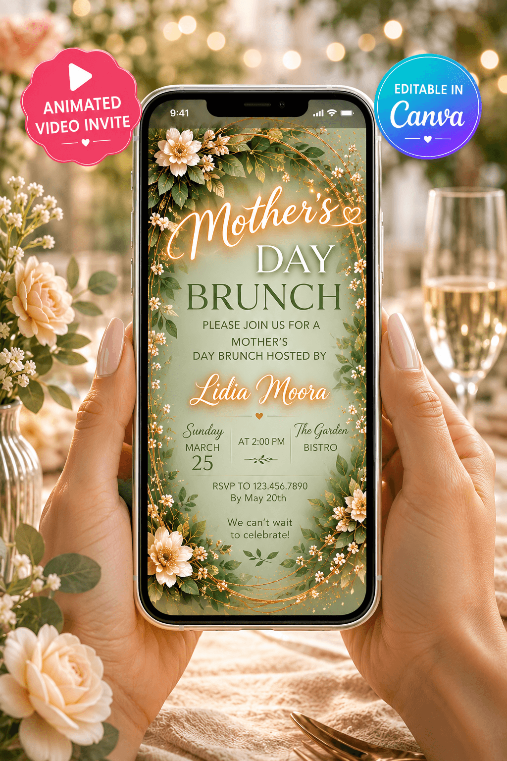 Family Brunch Video Invitation displayed on phone with elegant flowers and event details for Mother's Day brunch.