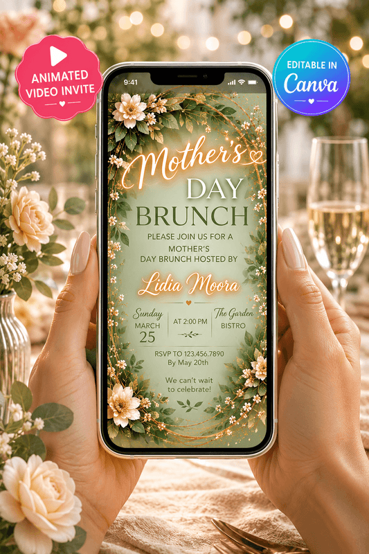 Family Brunch Video Invitation displayed on phone with elegant flowers and event details for Mother's Day brunch.