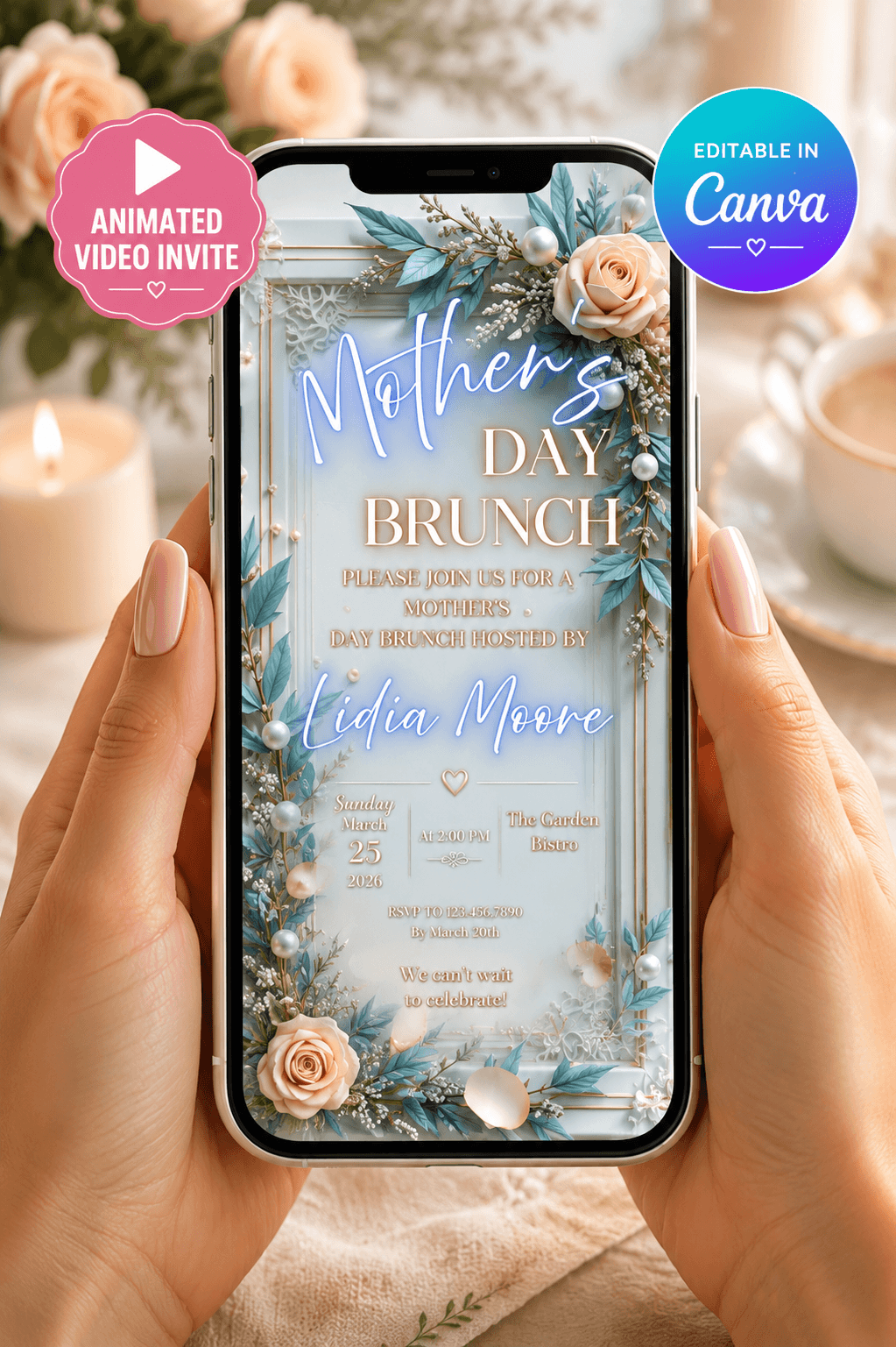 Mother’s Day Video Invitation showcasing an elegant brunch design on a phone, with floral elements and editable Canva features.