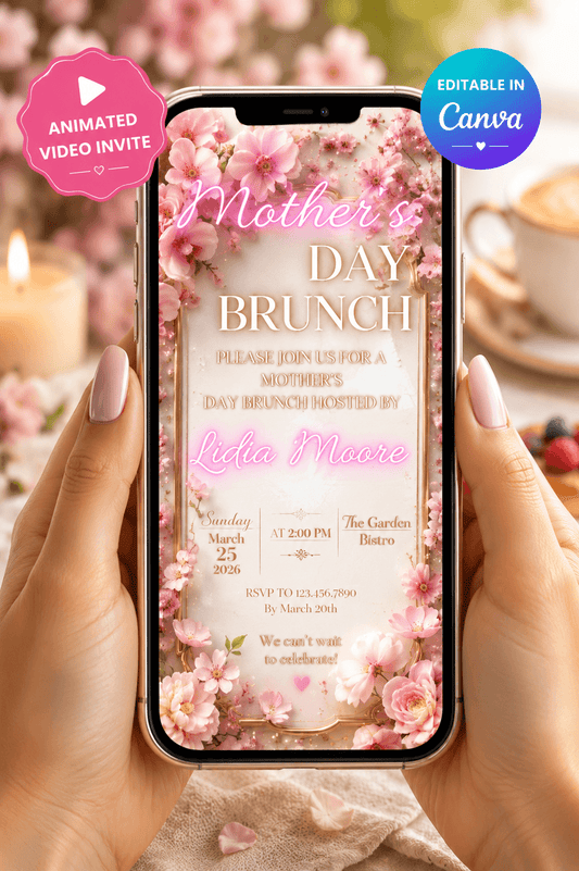 Mother's Day Brunch Video Invitation displayed on a phone with floral design and event details.