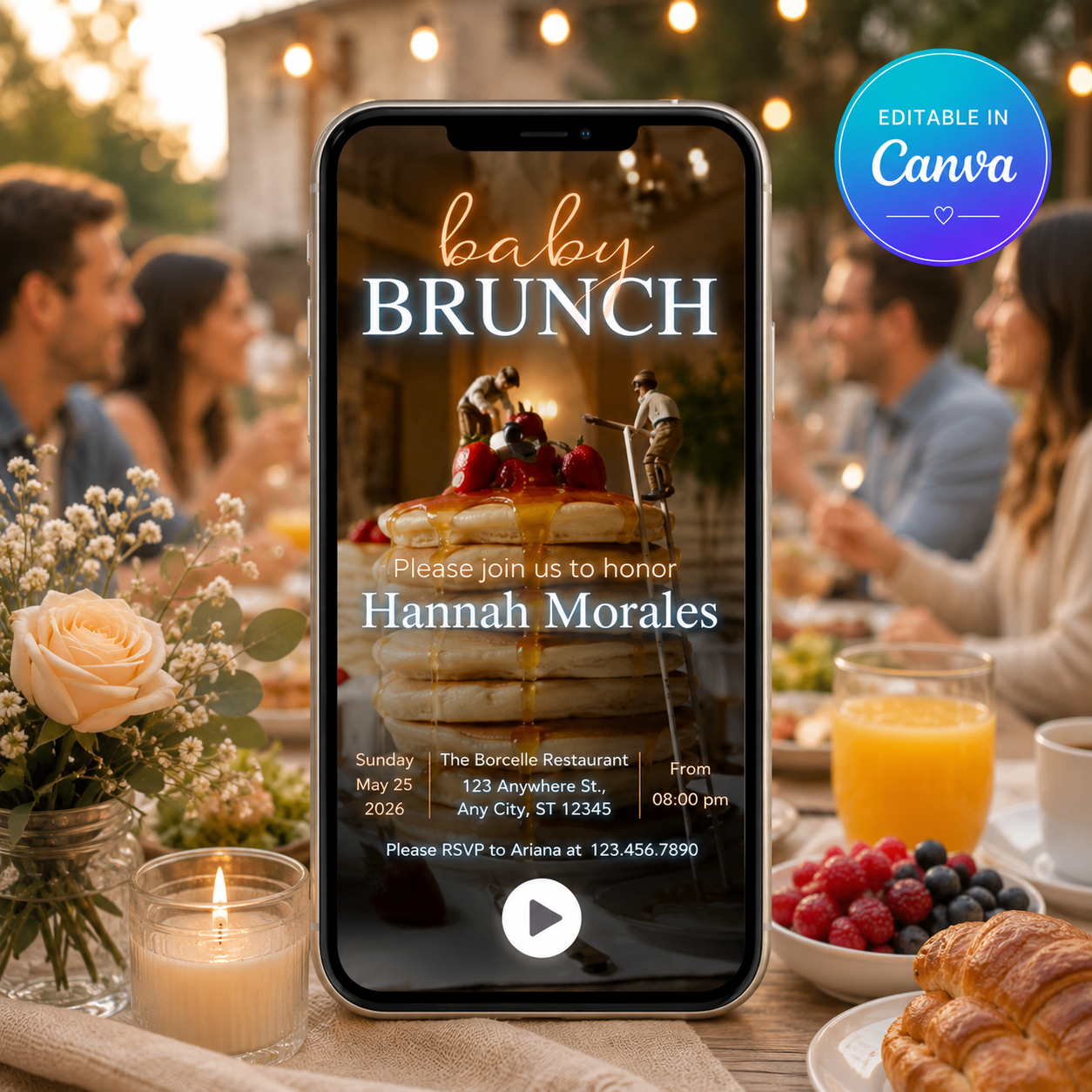 Baby Shower Video Invitation Dreamy Canva Editable on smartphone at brunch celebration.