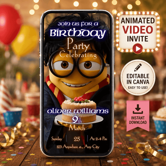 Harry Potter Minions birthday video invitation featuring a playful minion dressed as a wizard with cake.
