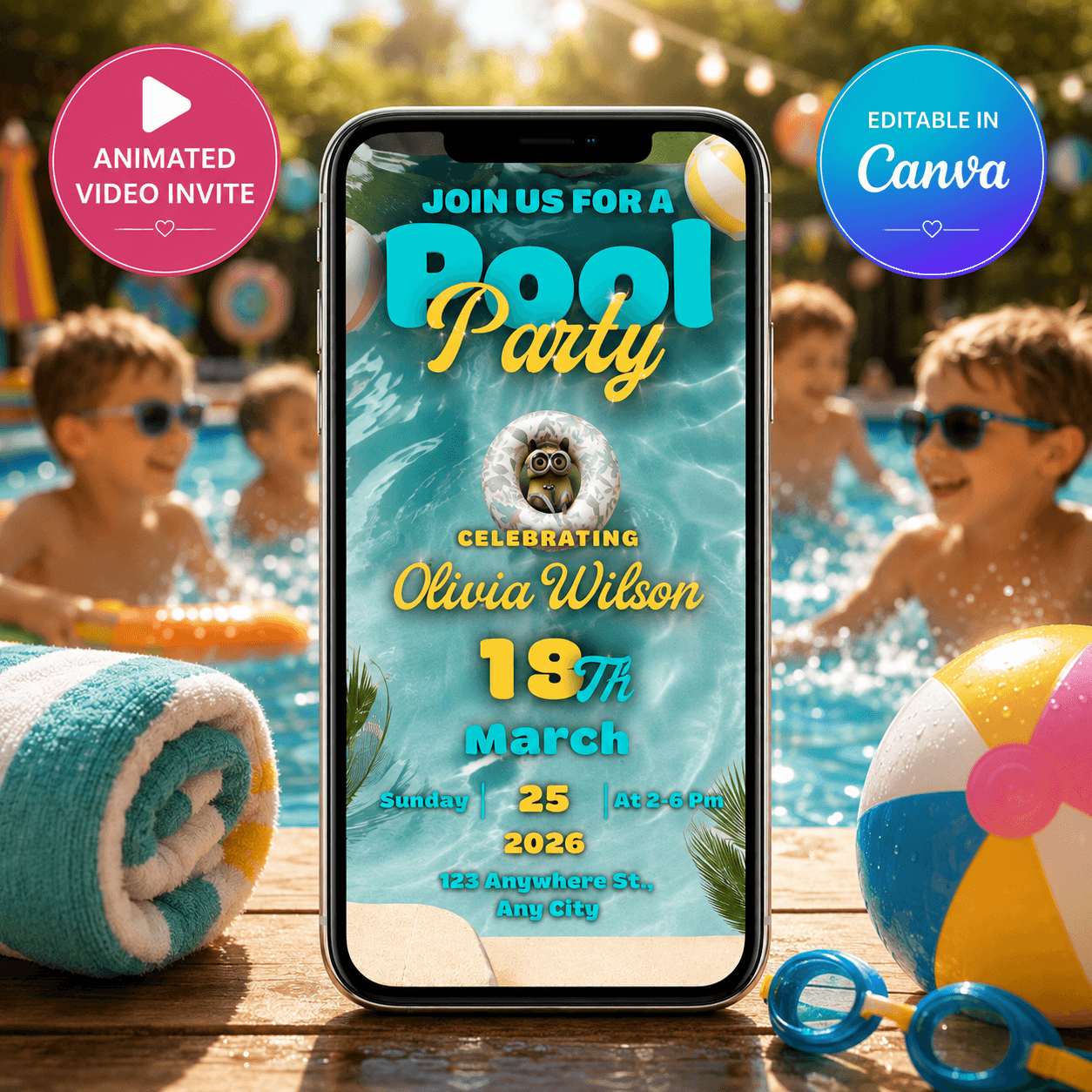 Pool Party Video Invitation on smartphone with vibrant summer design featuring kids at a pool party.