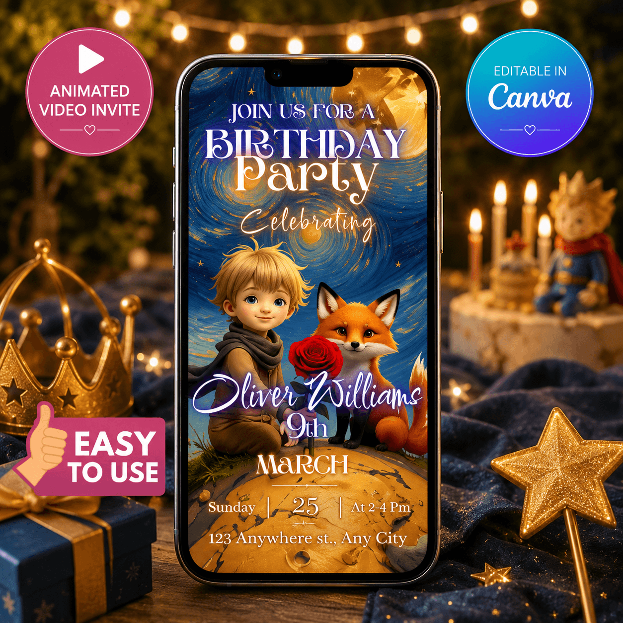 Little Prince Style Birthday Video Invitation displayed on smartphone with magical storybook theme.