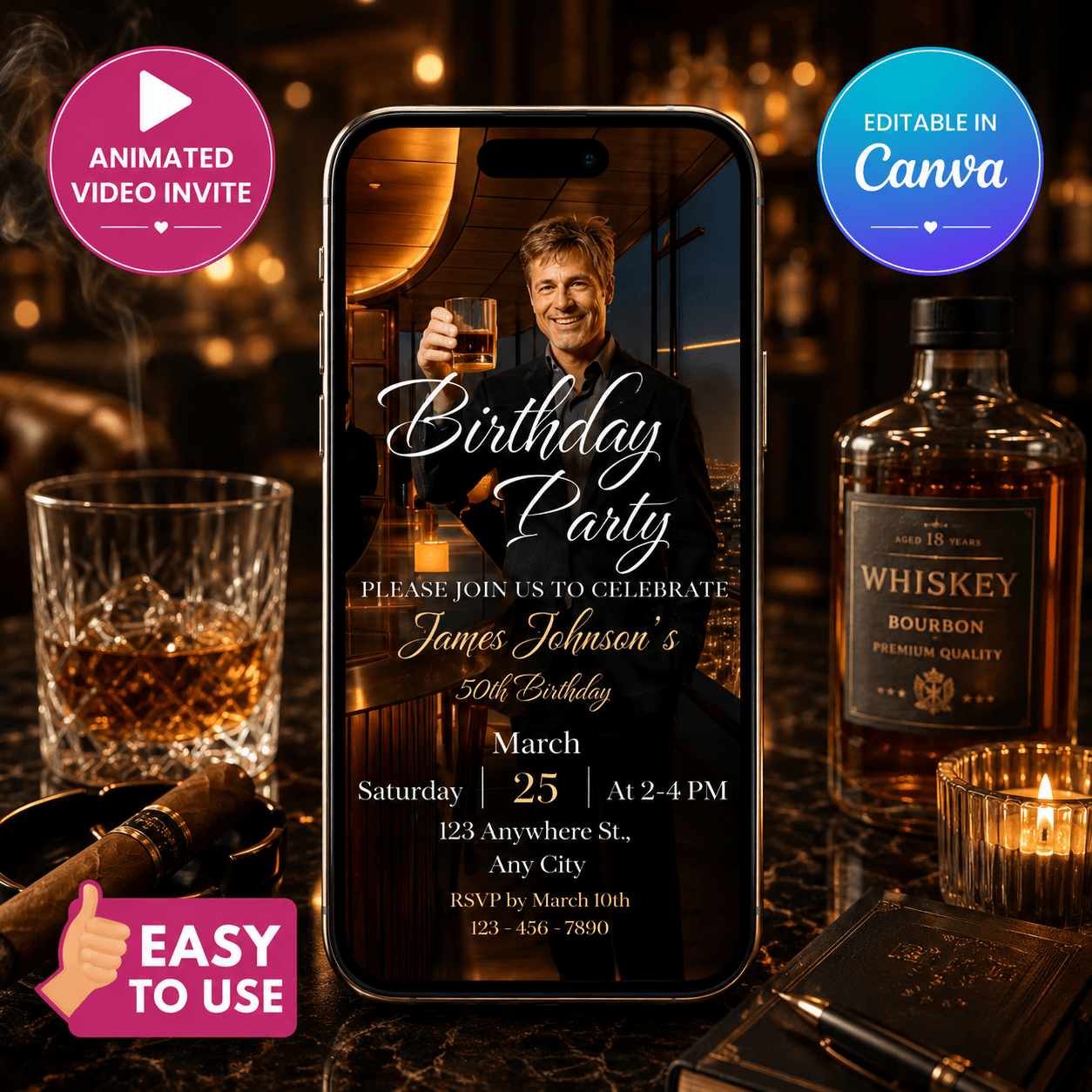 Whiskey Birthday Video Invitation featuring a celebratory design with warm lighting and elegant details on a smartphone.