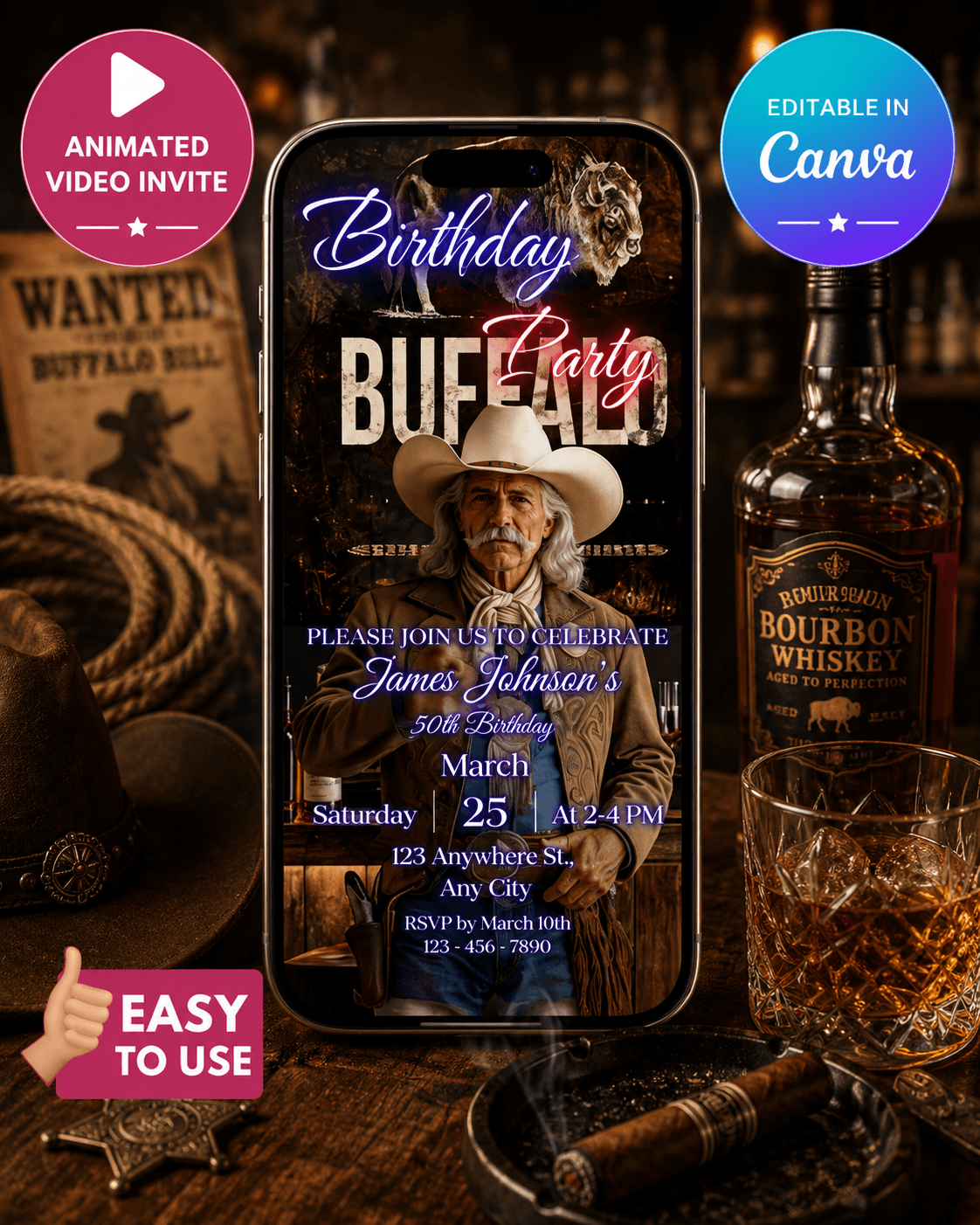 Buffalo Bill Birthday Invitation Video showcasing a cinematic invitation on a phone with a western theme.