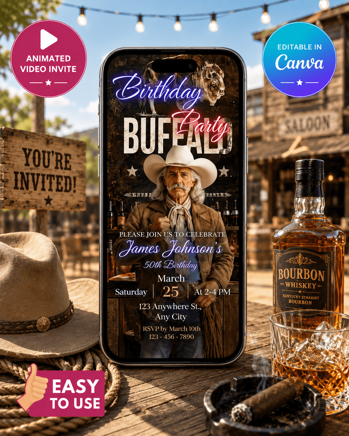 Buffalo Bill Birthday Invitation Video showcasing a colorful animated video invite for a Wild West themed birthday party.
