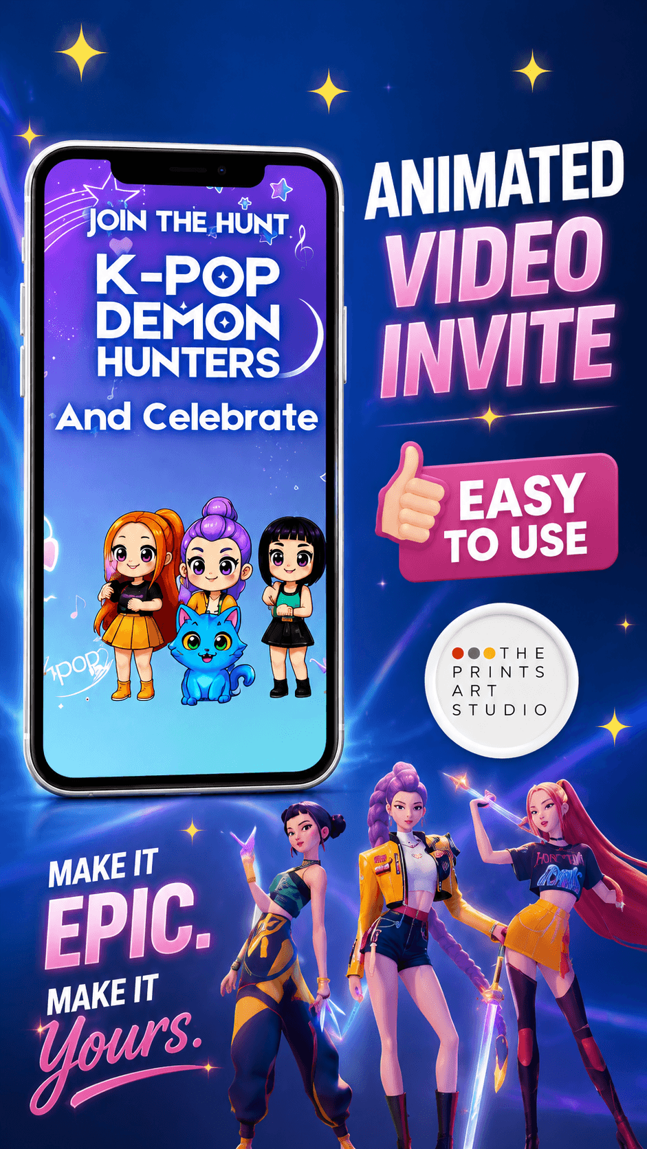 Kpop Birthday Video Invitation featuring animated characters with vibrant colors and party themes, easy to use digital invite.