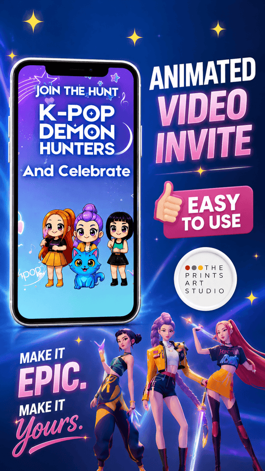 Kpop Birthday Video Invitation featuring animated characters with vibrant colors and party themes, easy to use digital invite.