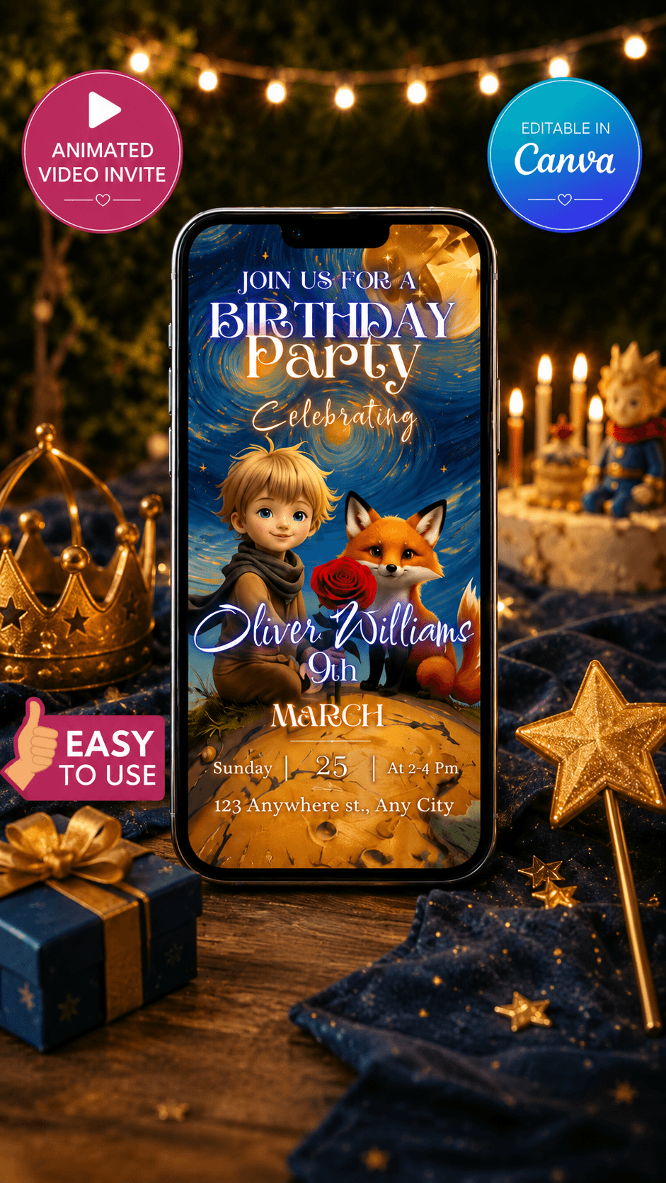 Little Prince Style Birthday Video Invitation design featuring a boy, fox, and birthday details in a magical setting.
