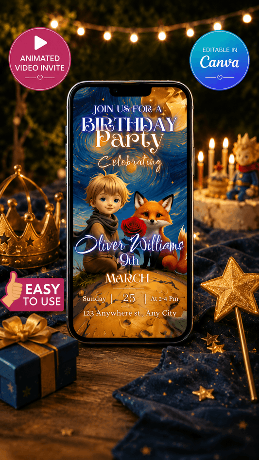 Little Prince Style Birthday Video Invitation design featuring a boy, fox, and birthday details in a magical setting.