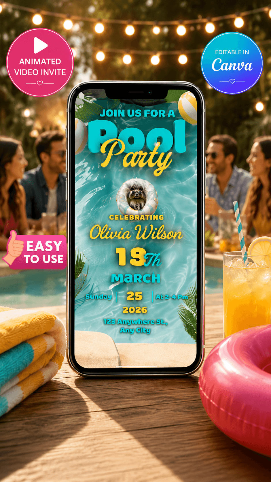 Pool Party Video Invitation - editable Canva