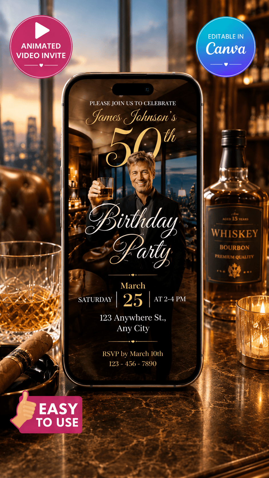 Whiskey Birthday Video Invitation featuring elegant design and warm lighting for a memorable celebration.