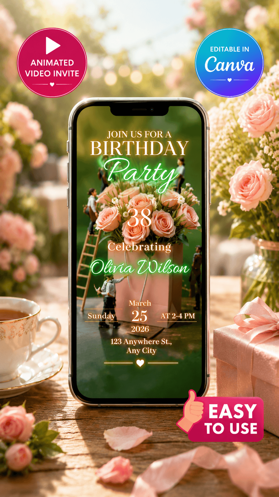 Birthday Video Invitation displayed on a phone, featuring floral decor and celebration details for Olivia Wilson's birthday party.