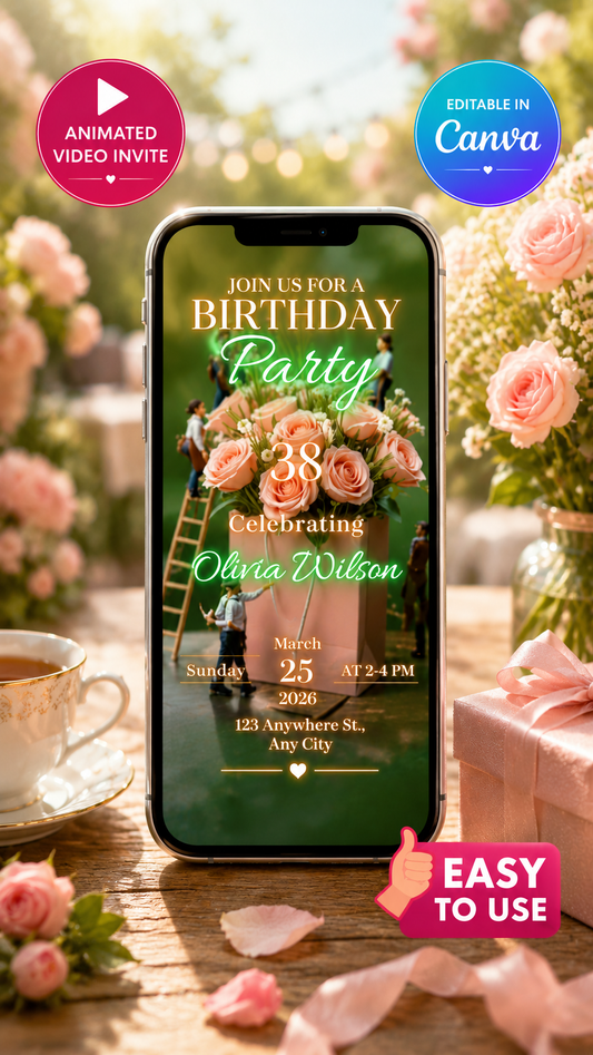 Birthday Video Invitation displayed on a phone, featuring floral decor and celebration details for Olivia Wilson's birthday party.