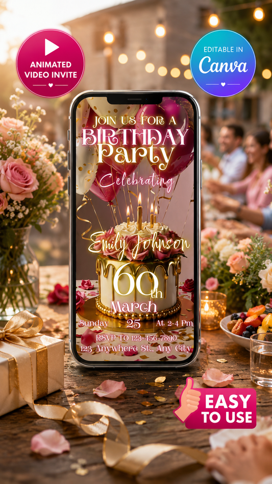 Birthday Video Invitation featuring elegant design for a 60th birthday party with flowers and cake.