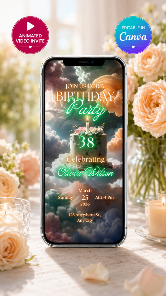 Cloud cake birthday video invitation featuring a smartphone with a dreamy party design and floral decorations.