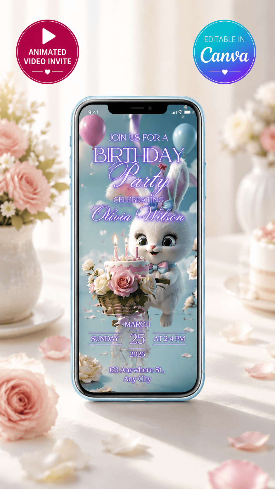 Cute Bunny Birthday Video Invitation on a phone with flowers and party details, editable in Canva.