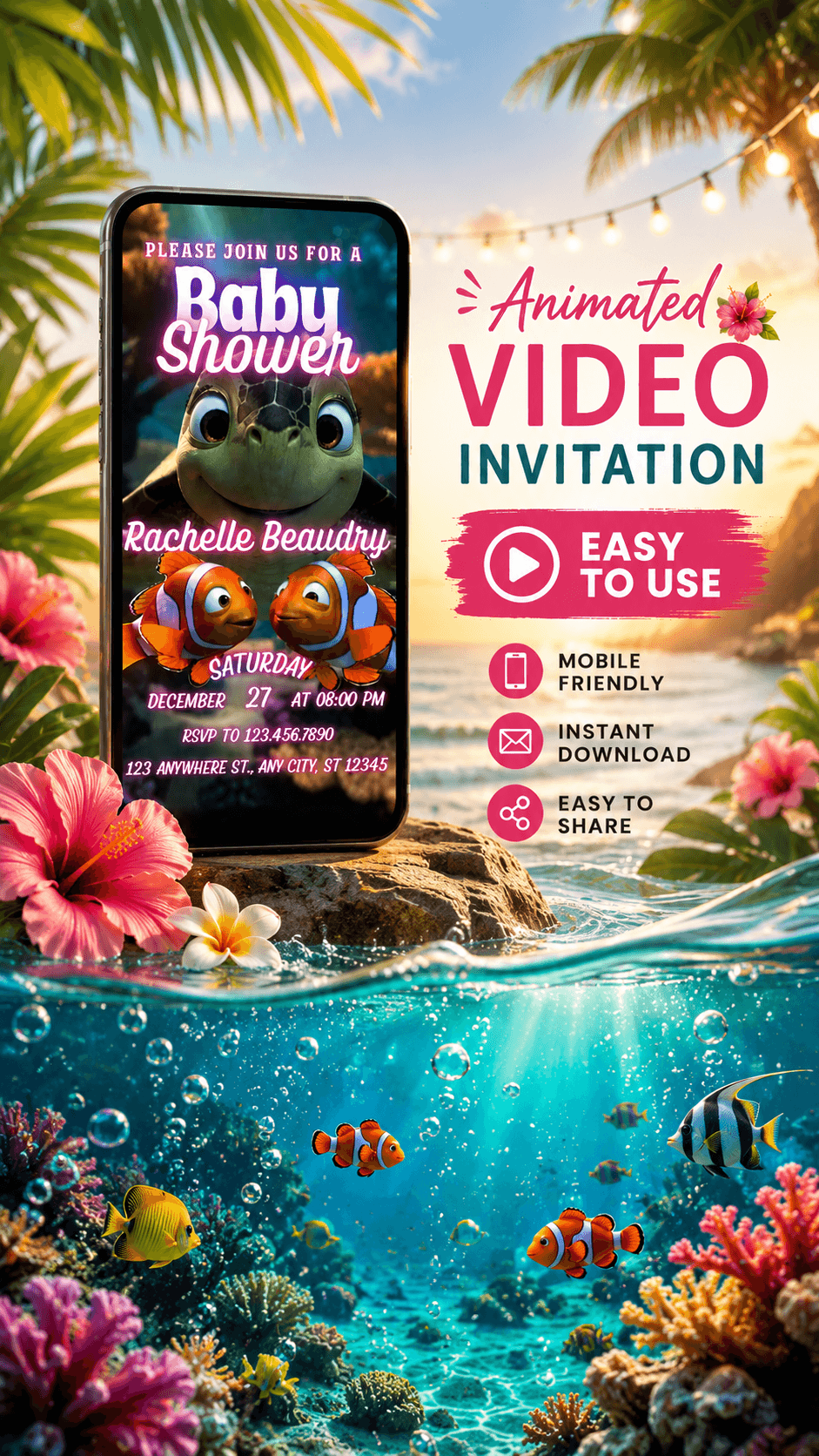 Baby Shower Video Invitation Template featuring an animated design with ocean themes, perfect for a baby shower celebration.