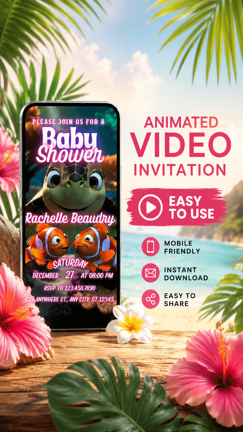 Baby Shower Video Invitation Template featuring animated ocean theme elements on a mobile phone mockup.