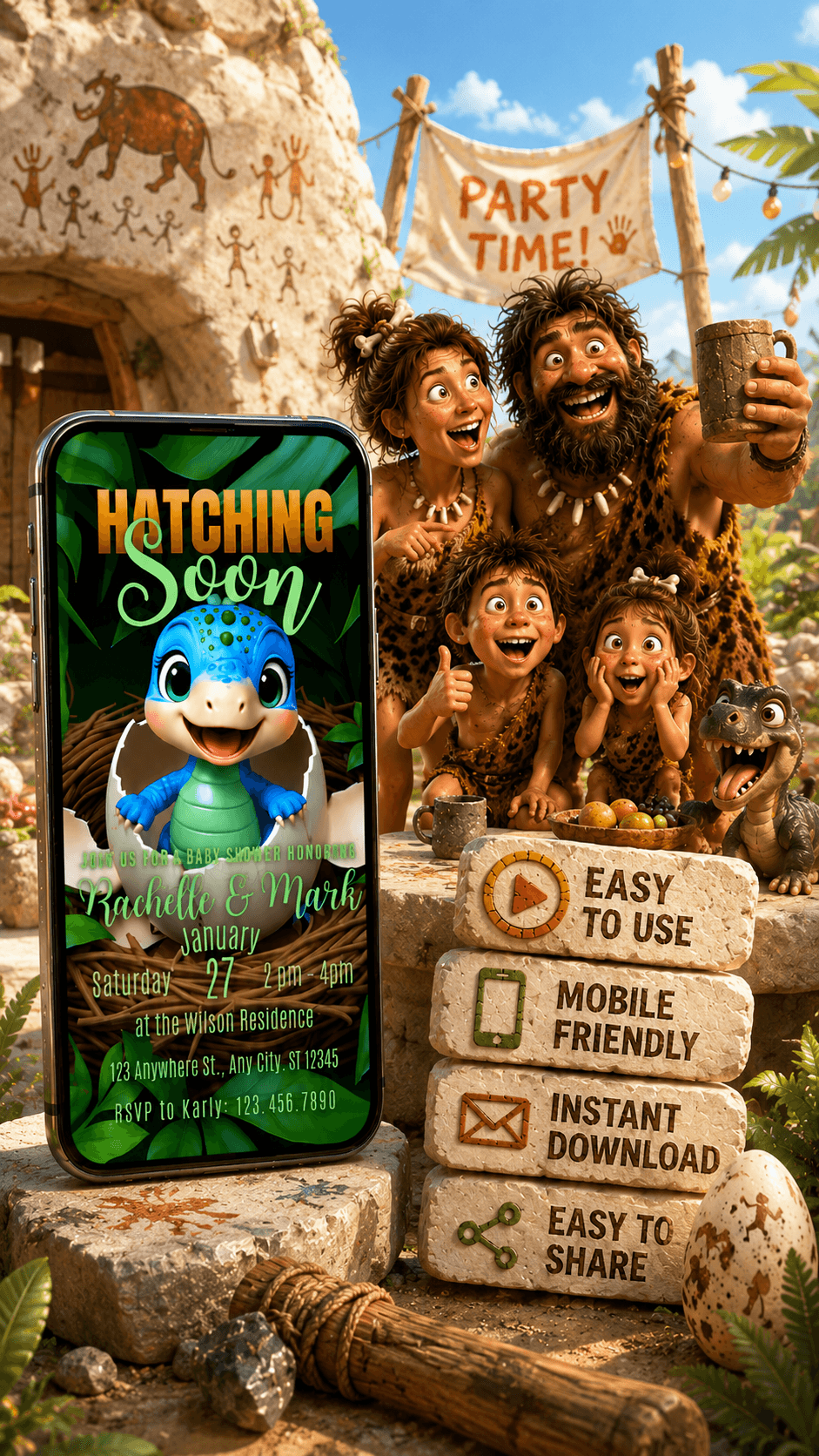 Baby Shower Invitation Video featuring a fun dinosaur theme and characters celebrating a hatching soon event.
