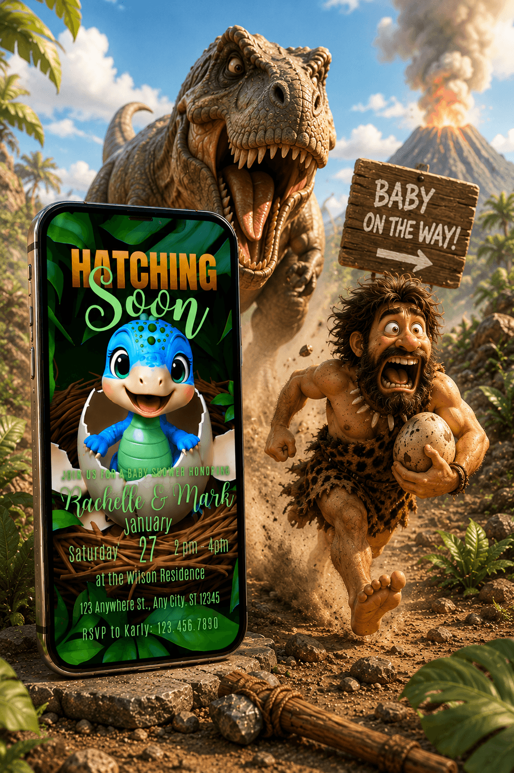 Baby Shower Invitation Video featuring a dinosaur theme, announcing a baby's arrival with vibrant colors.