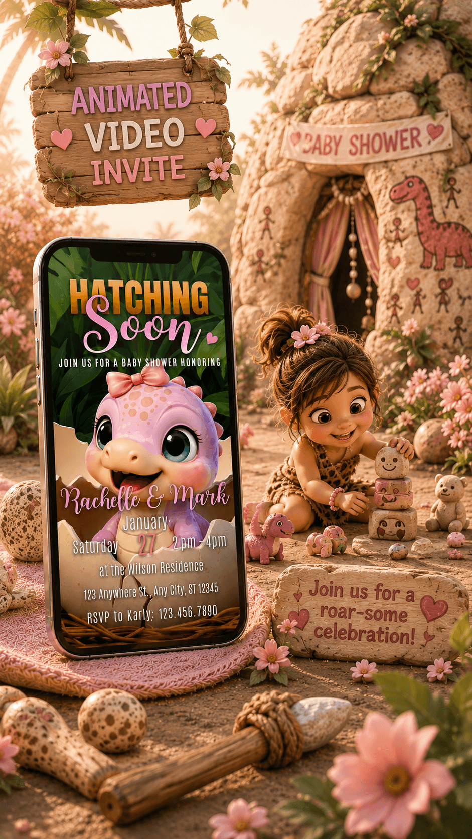 Baby Girl Shower Video Invitation featuring a cute dinosaur theme and vibrant colors for a joyful celebration.