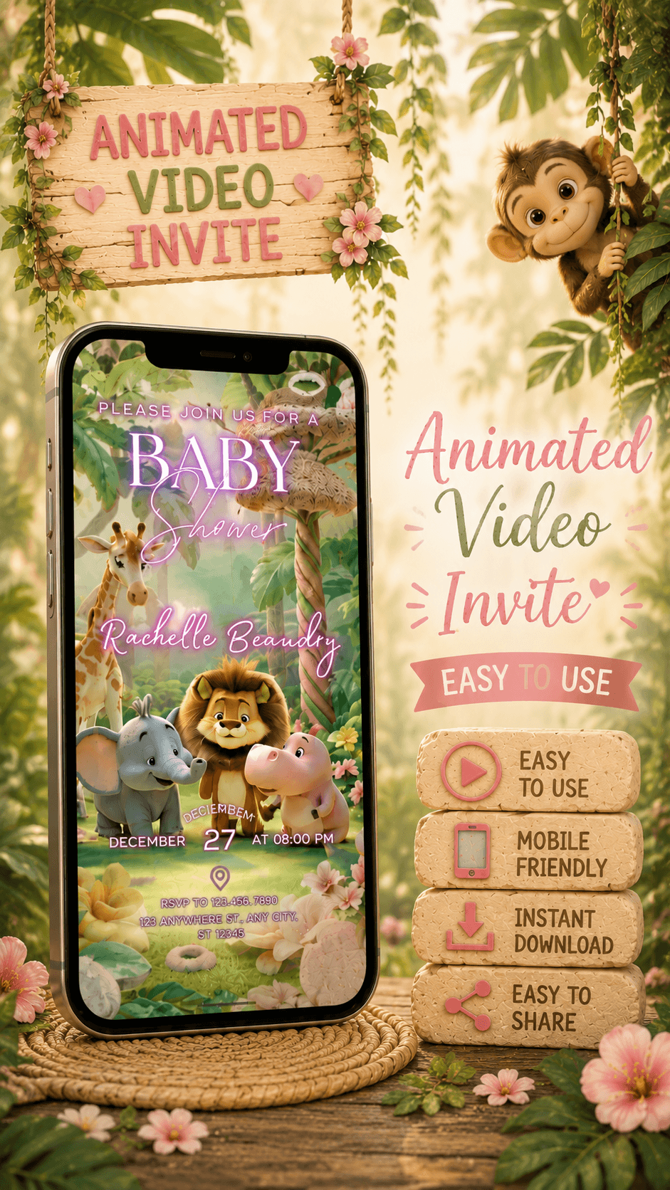Editable Baby Shower Video Invitation template featuring animated design and mobile-friendly features.