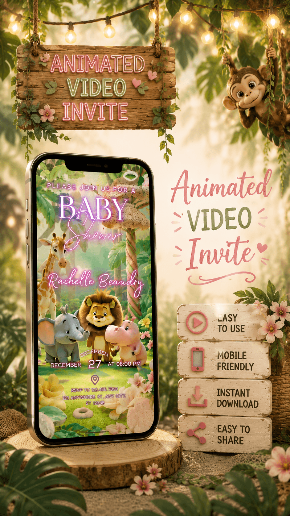 Editable Baby Shower Video Invitation displayed on a phone amidst a whimsical jungle theme.
