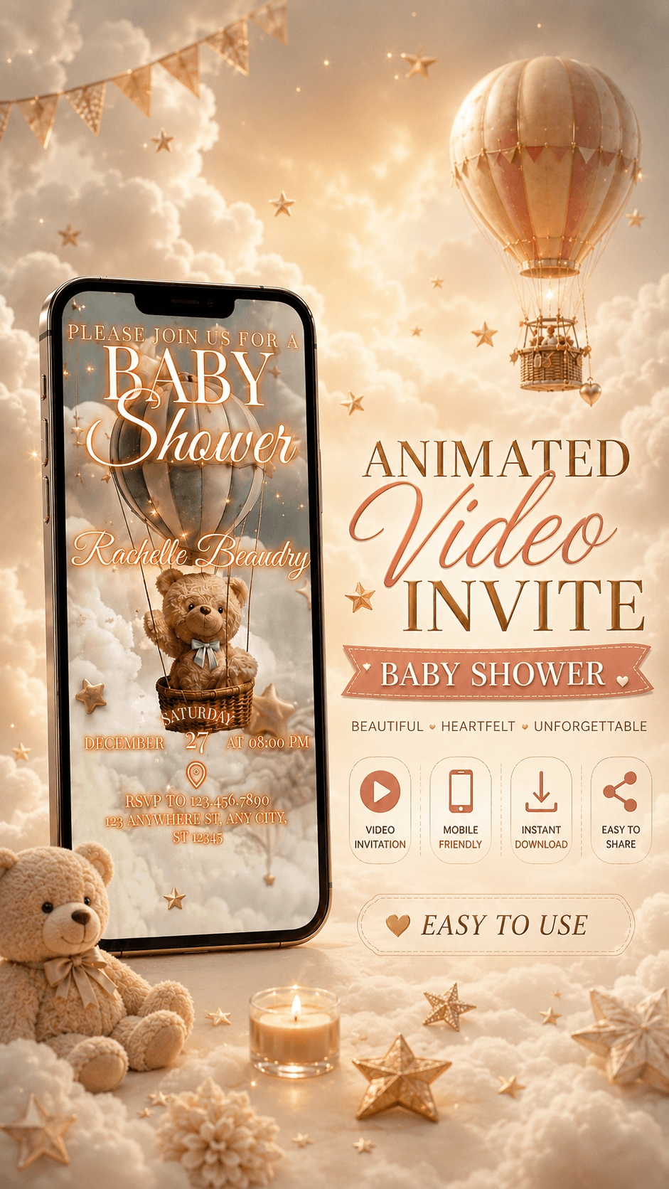 Teddy Bear Baby Shower Video Invitation featuring soft clouds and animation, perfect for a dreamy celebration.