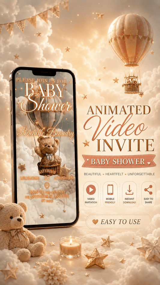 Teddy Bear Baby Shower Video Invitation featuring soft clouds and animation, perfect for a dreamy celebration.