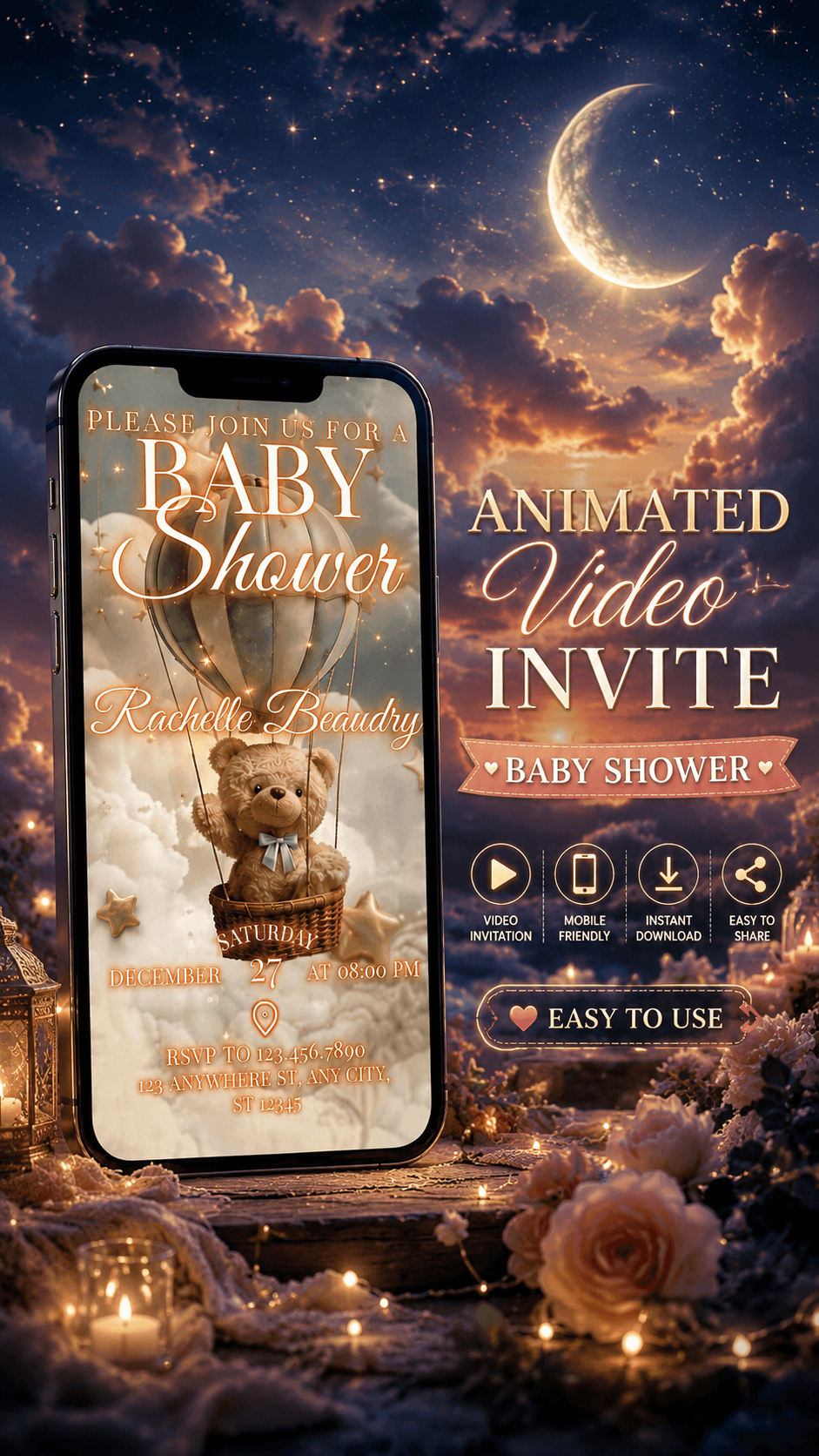 Teddy Bear Baby Shower Video Invitation featuring a teddy bear on a phone with a starry night background.