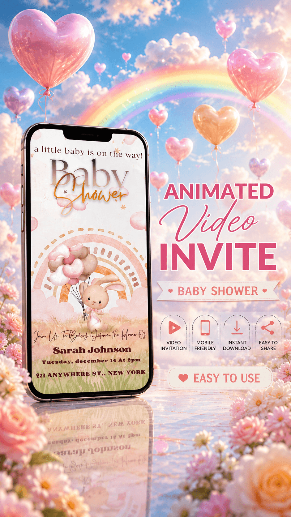Baby Shower Video Invitation featuring a cute design with pastel colors, animated elements, and details for the baby shower event.