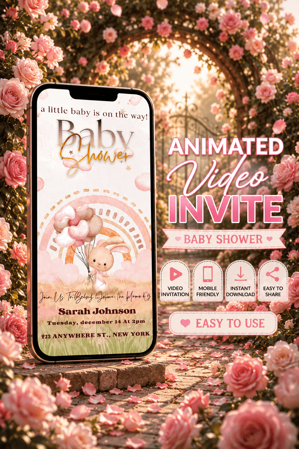 Baby Shower Video Invitation design featuring a bunny theme with pastel colors, perfect for a baby shower celebration.