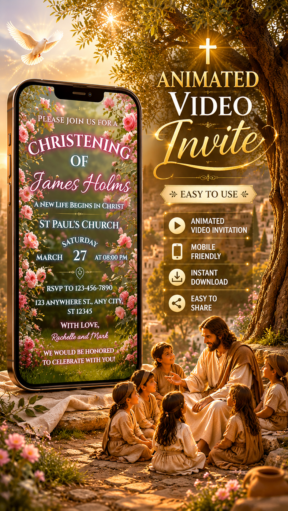Christening Video Invitation with floral design and animated features inviting guests to a spiritual celebration.
