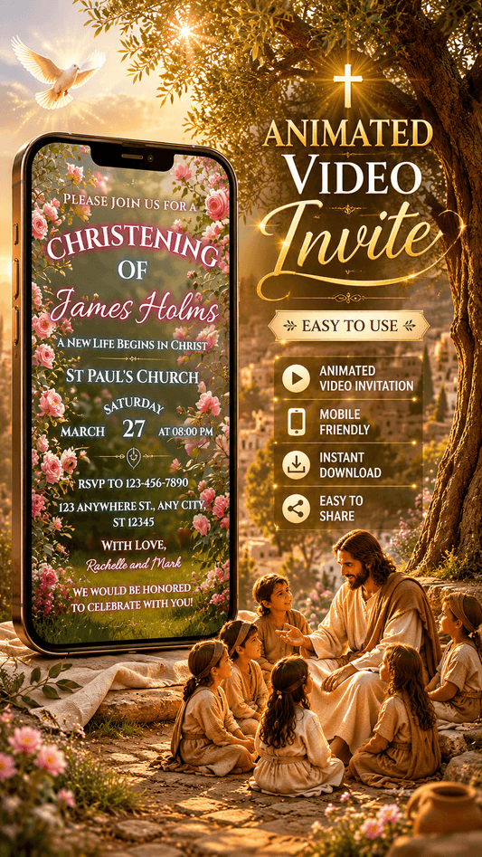 Christening Video Invitation with floral design and animated features inviting guests to a spiritual celebration.